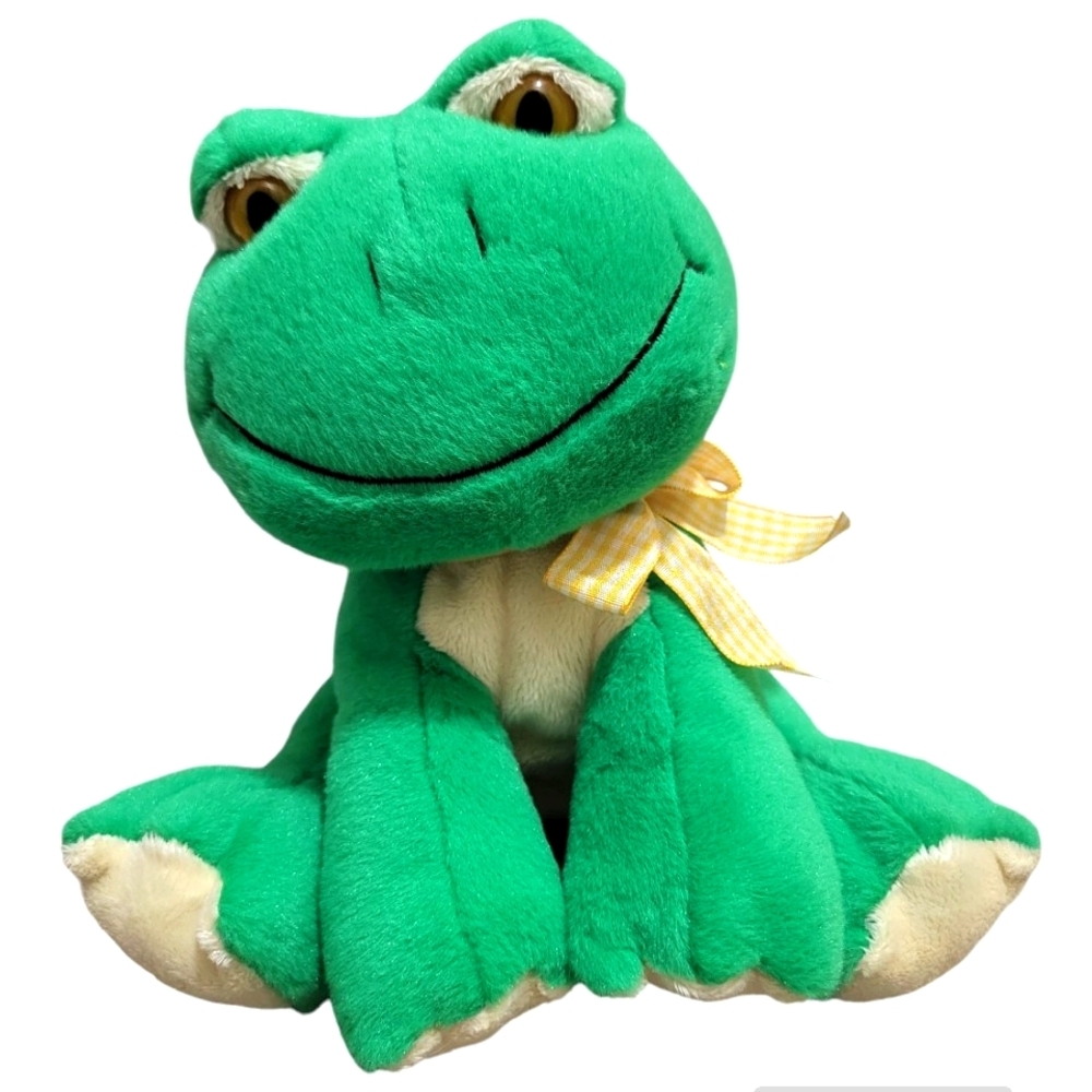 Animal Adventure Green Yellow Frog Plush 8 in Stuffed Animal Checkered Bow Tie